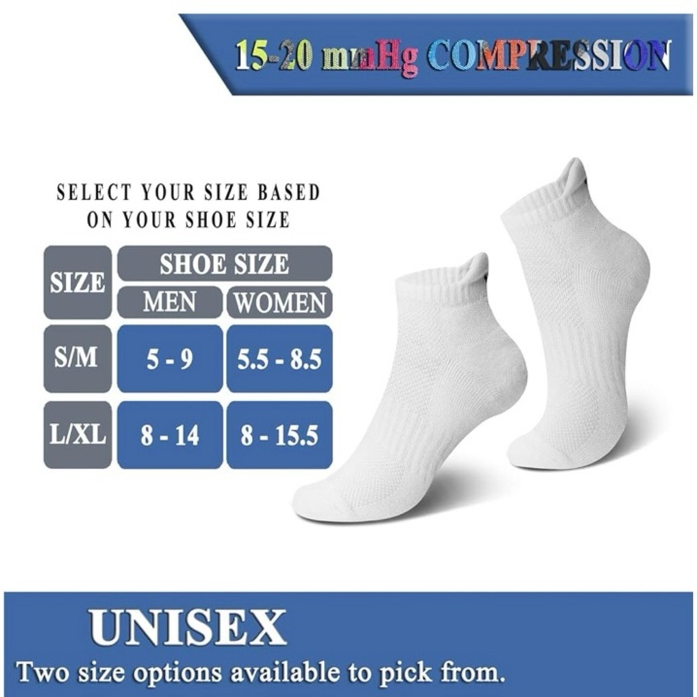 New Compression Ankle Socks Unisex Black Gray White (6 Pair Set) Size S/M - Picture 3 of 6